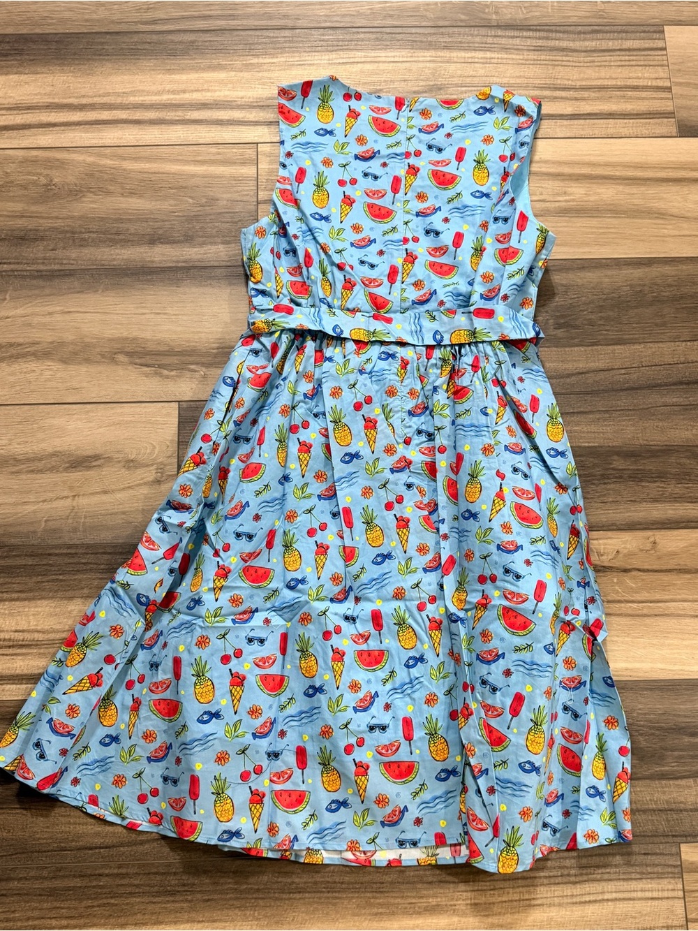 NWT TulipB Blue Fruit Print Cotton Fit & Flare Dress Large Summer Tie Waist - Picture 6 of 9